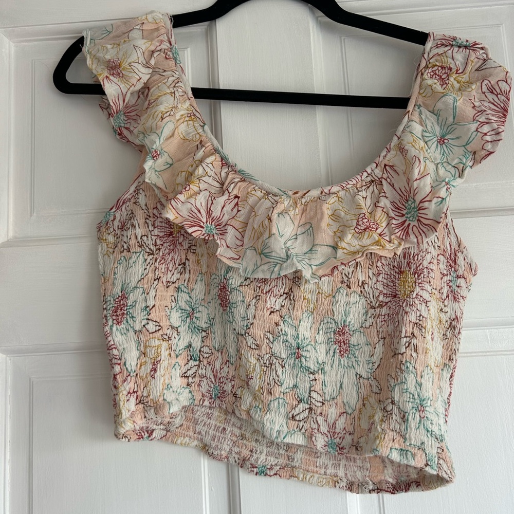 Rip Curl Green and Pink Ruffled Crop Blouse
